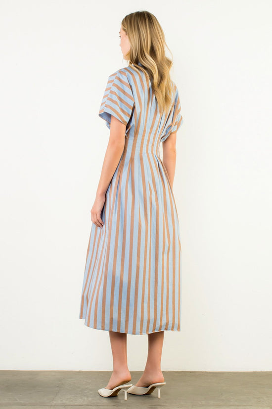 THML STRIPED BUTTON-UP MIDI DRESS – BLUE & TAN