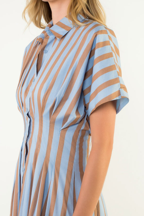 THML STRIPED BUTTON-UP MIDI DRESS – BLUE & TAN