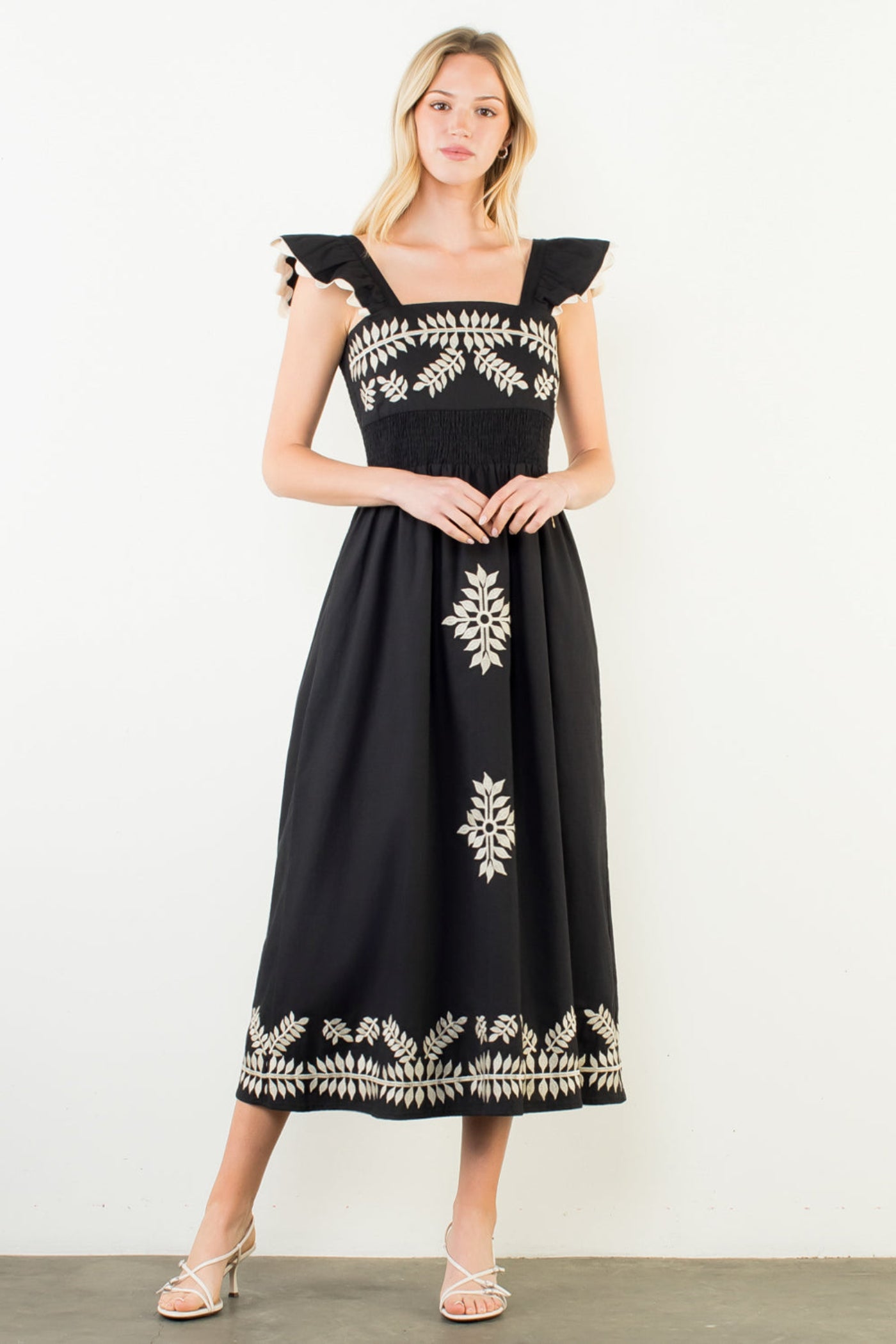 EMBROIDERED SMOCKED MIDI DRESS