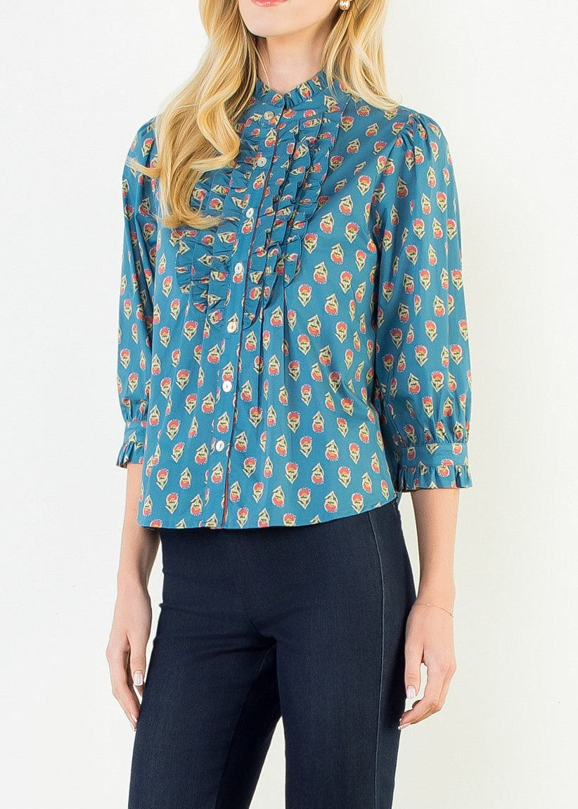 TEAL FLORAL PRINT RUFFLE-TRIM BUTTON-DOWN TOP