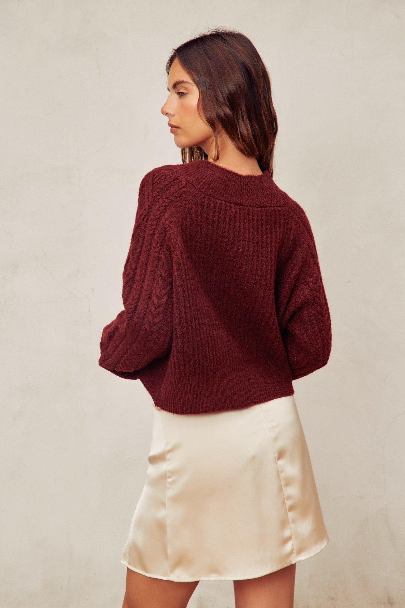 DRESS FORUM FUZZY CABLE KNIT CARDIGAN – ROSEWOOD