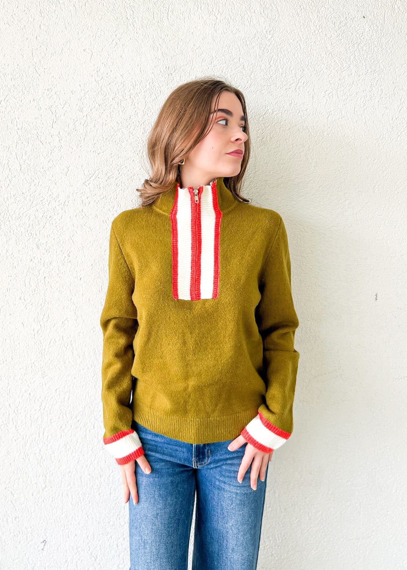 OLIVE KNIT QUATER-ZIP