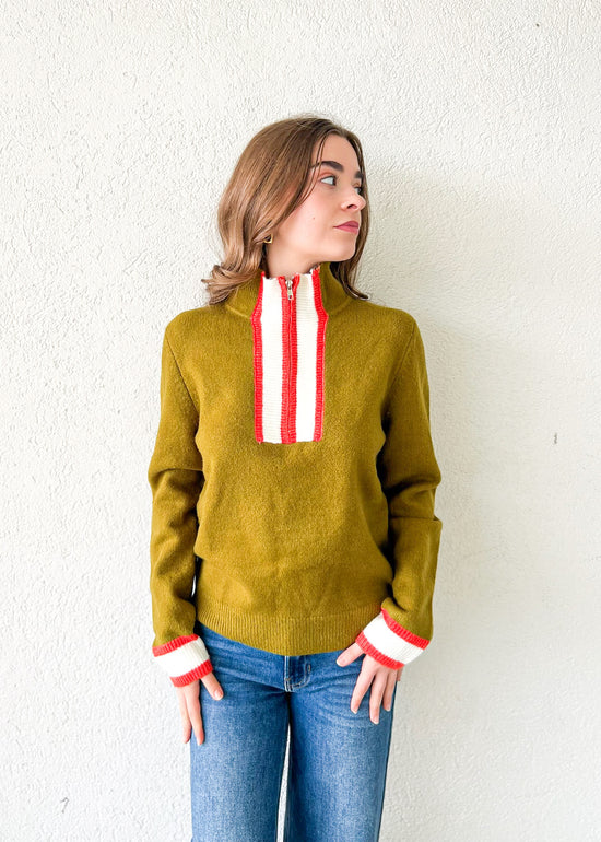 OLIVE KNIT QUATER-ZIP