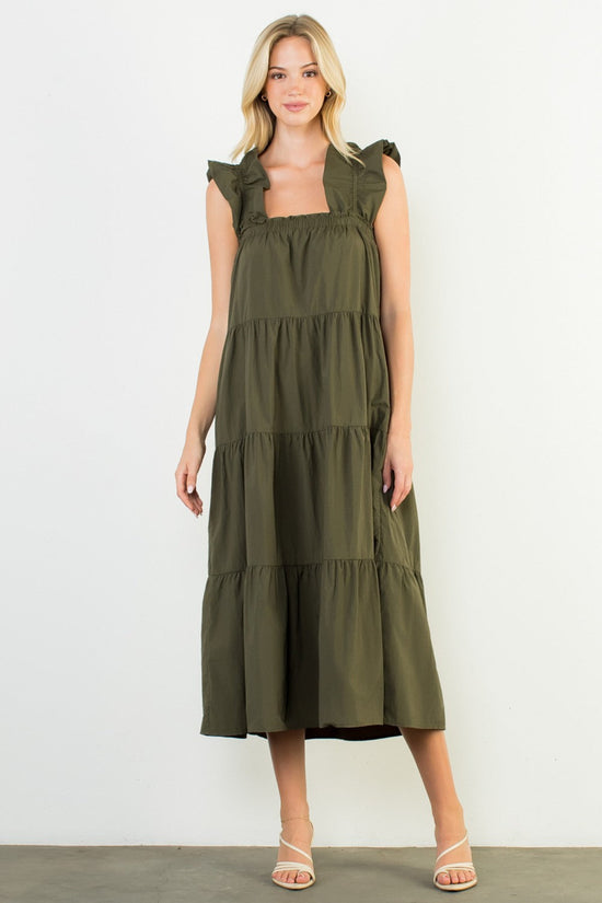 OLIVE TIERED MIDI DRESS