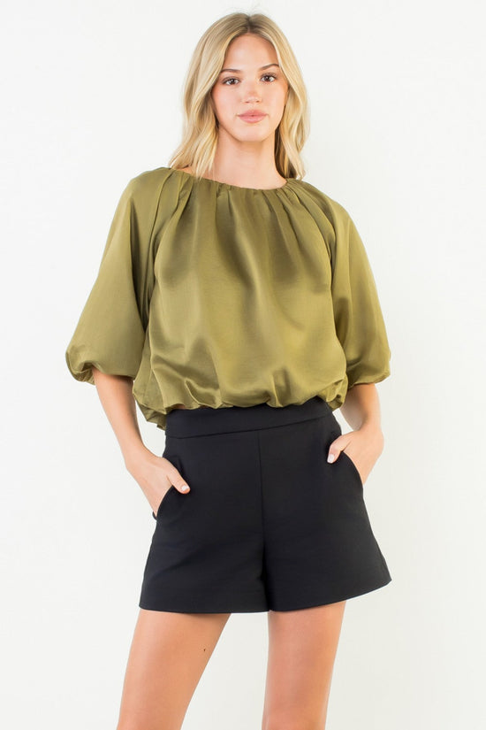 THML BALLOON SLEEVE SATIN BOATNECK TOP – VERT