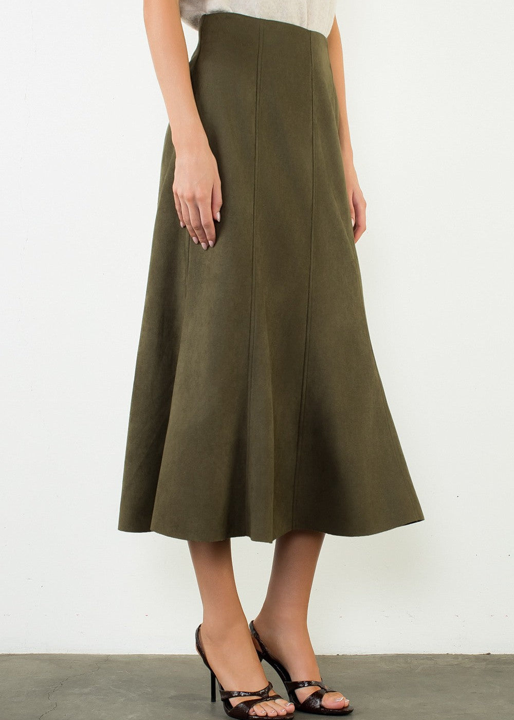 OLIVE FAUX SUEDE MIDI SKIRT