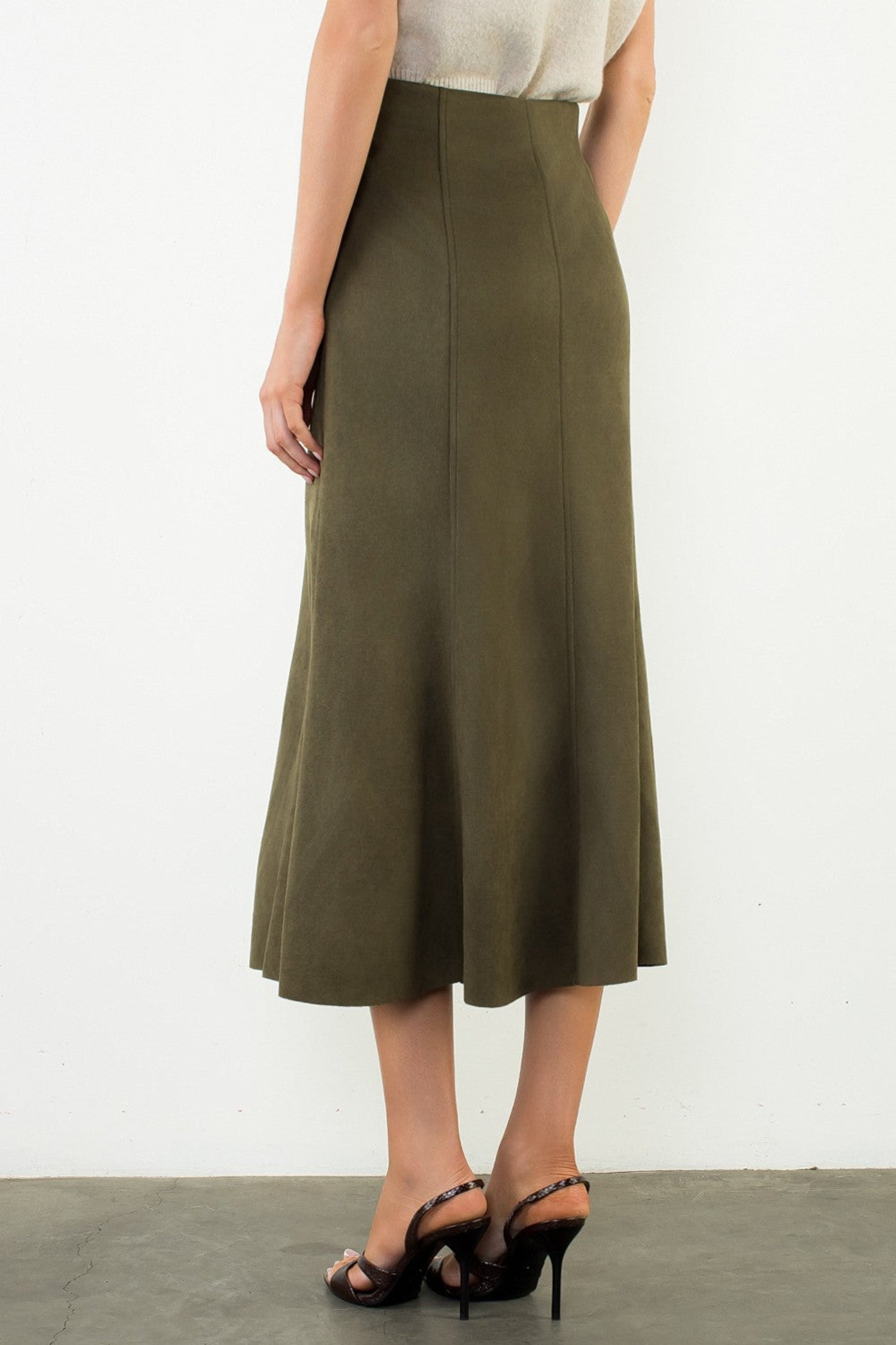 OLIVE FAUX SUEDE MIDI SKIRT