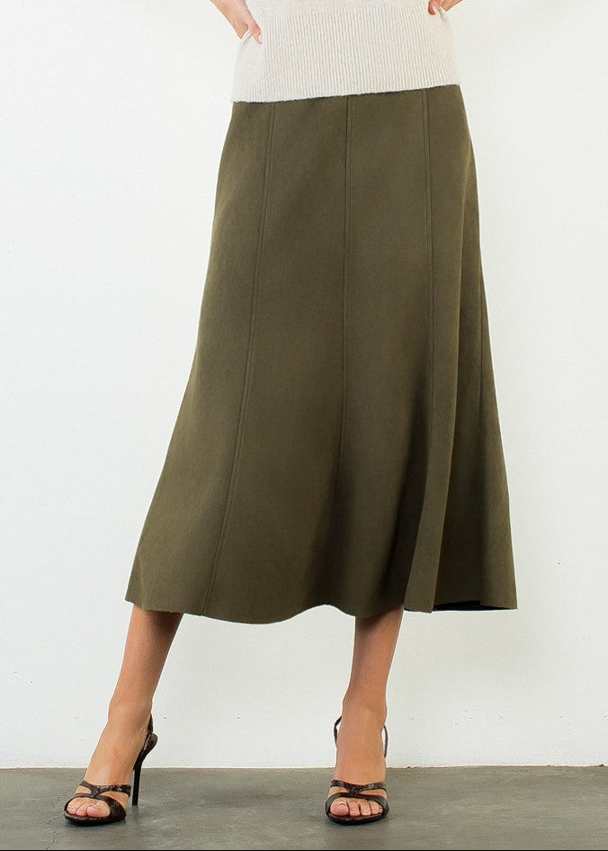 OLIVE FAUX SUEDE MIDI SKIRT