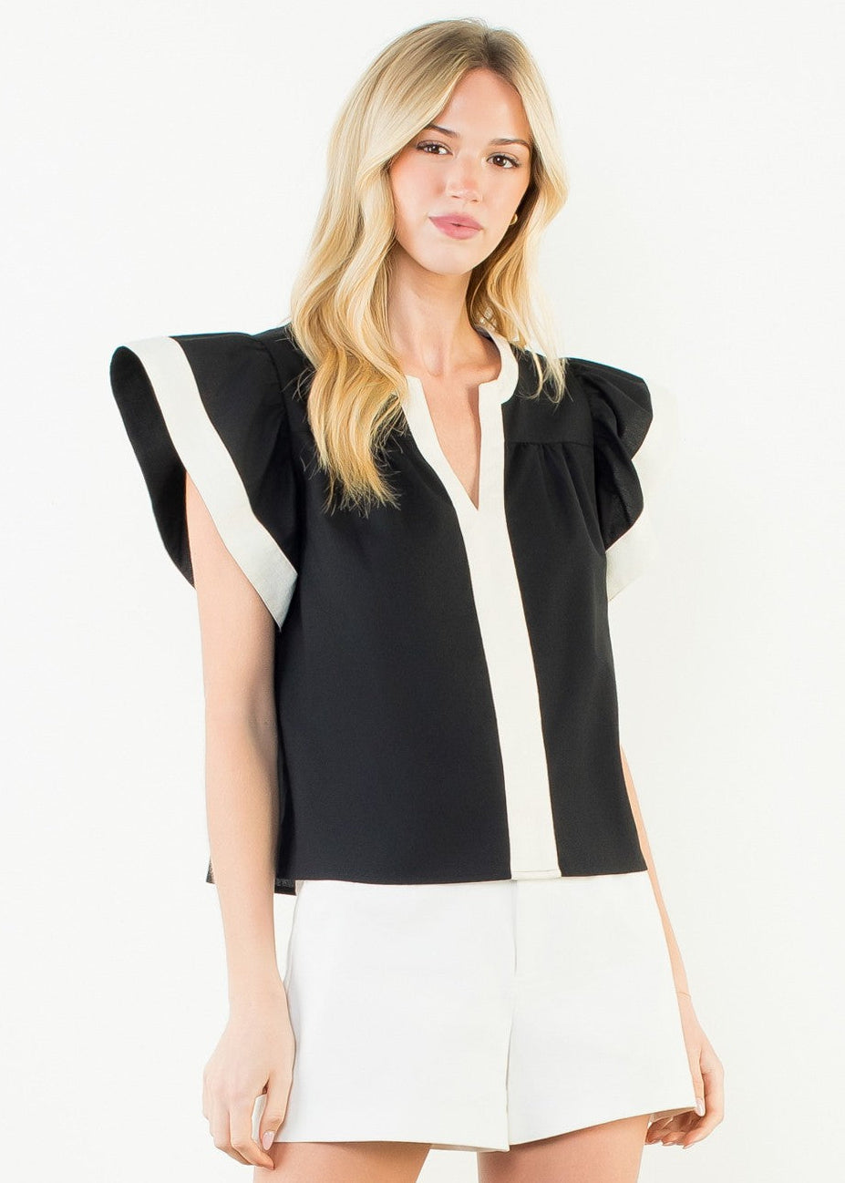 FLUTTER SLEEVE CONTRAST TRIM TOP