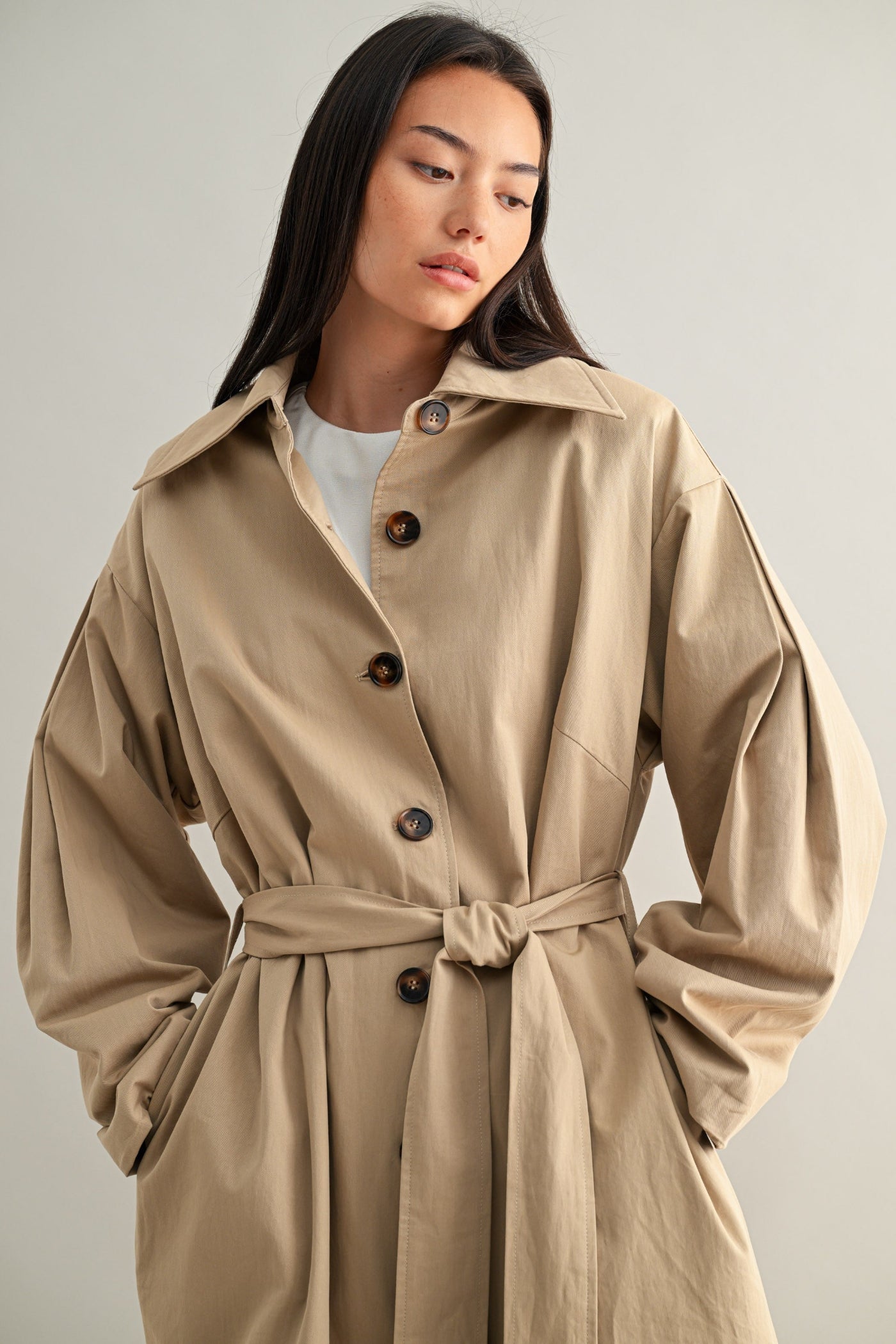 MABLE LONG BUTTON DOWN TRENCH COAT – KHAKI