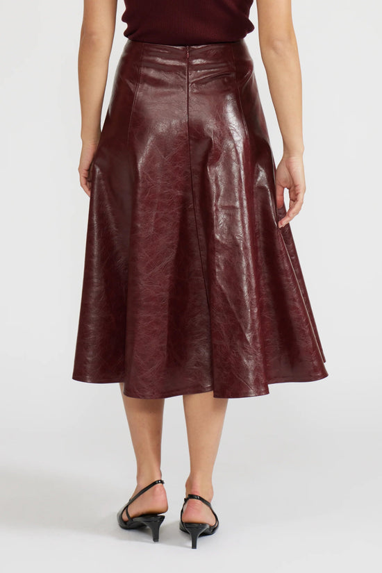 LUCY PARIS OLEKSA BURGUNDY FAUX LEATHER PLEATED MIDI SKIRT