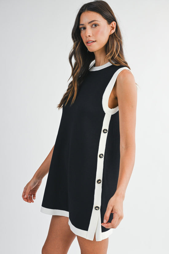 MABLE KNIT CONTRAST TRIM SIDE BUTTON DETAIL MINI DRESS