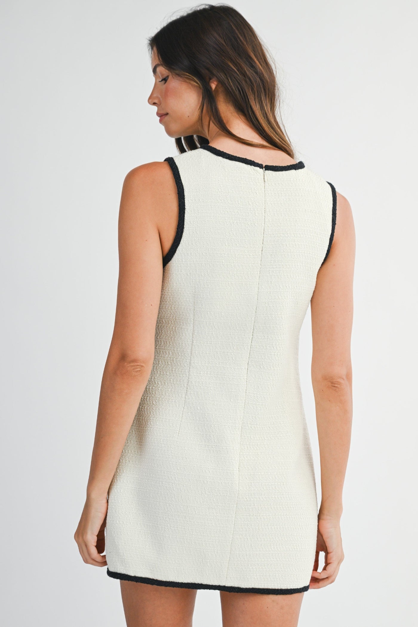 MABLE TEXTURED BOUCLÉ SLEEVELESS CONTRAST TRIM MINI DRESS
