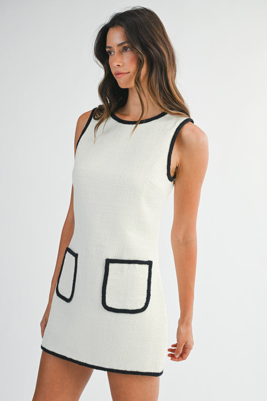 MABLE TEXTURED BOUCLÉ SLEEVELESS CONTRAST TRIM MINI DRESS
