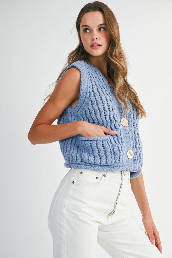 MABLE CHUNKY OPENWORK KNIT GOLD BUTTON DOWN VEST