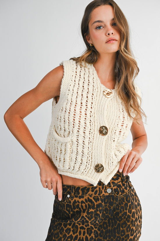 MABLE CHUNKY OPENWORK KNIT GOLD BUTTON DOWN VEST