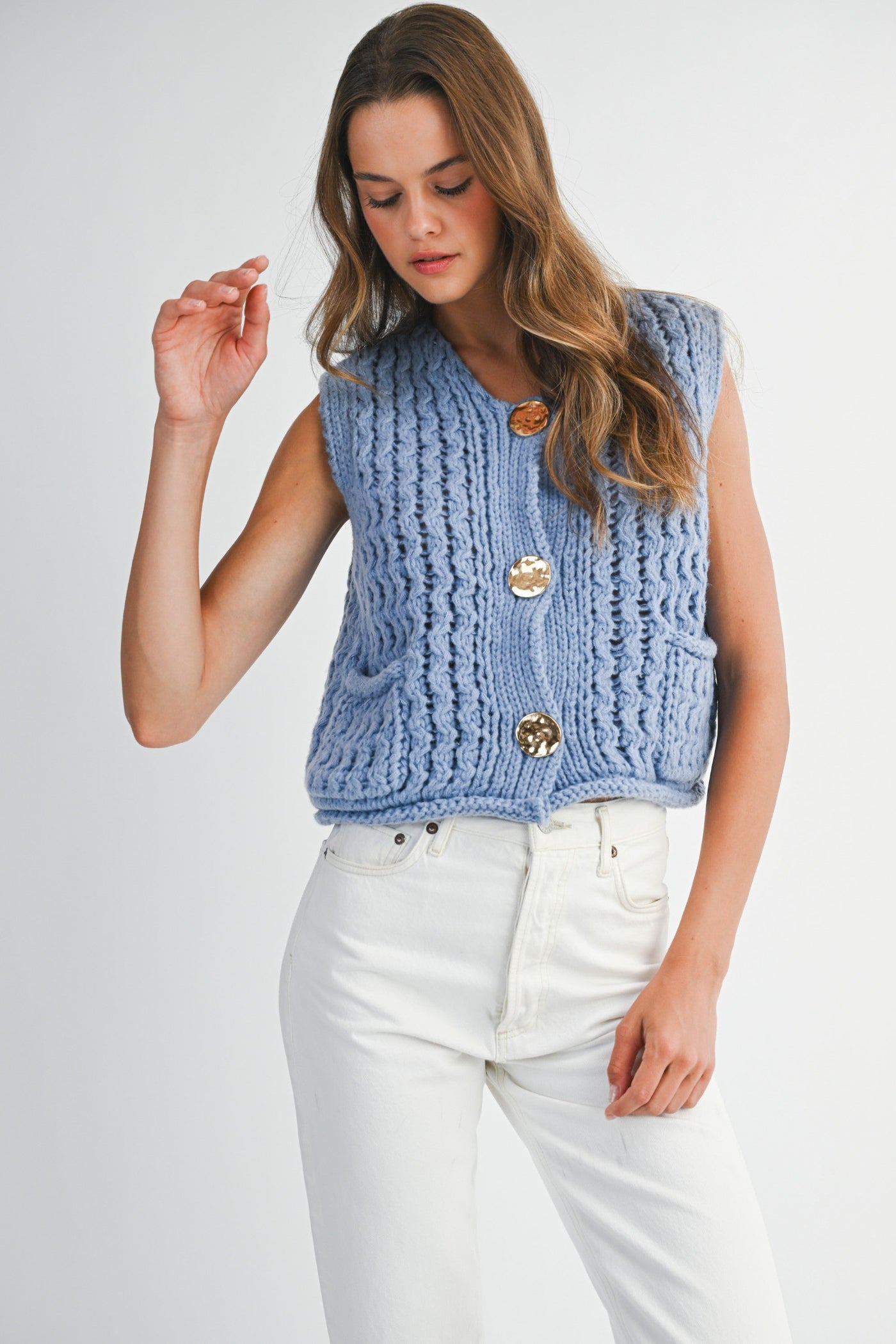 MABLE CHUNKY OPENWORK KNIT GOLD BUTTON DOWN VEST