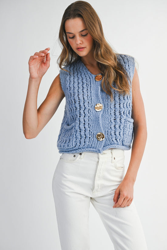 MABLE CHUNKY OPENWORK KNIT GOLD BUTTON DOWN VEST
