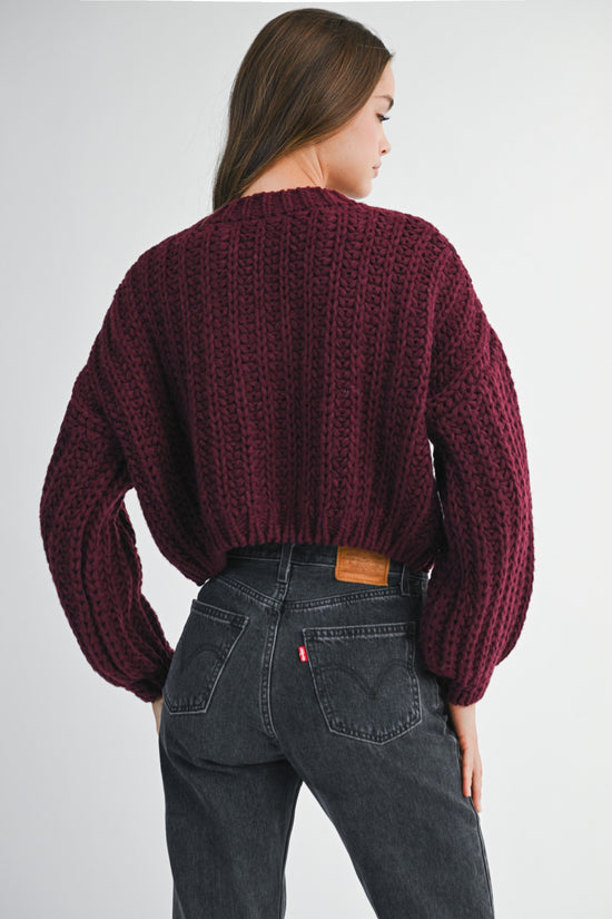 MABLE BURGANDY CHUNKY KNIT V-NECK WOOD BUTTON CROP CARDIGAN
