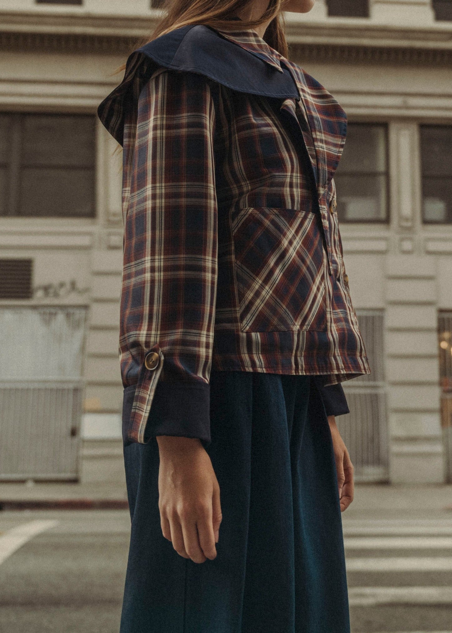 Reversible Detachable Plaid Cape Scarf Button Down Jacket
