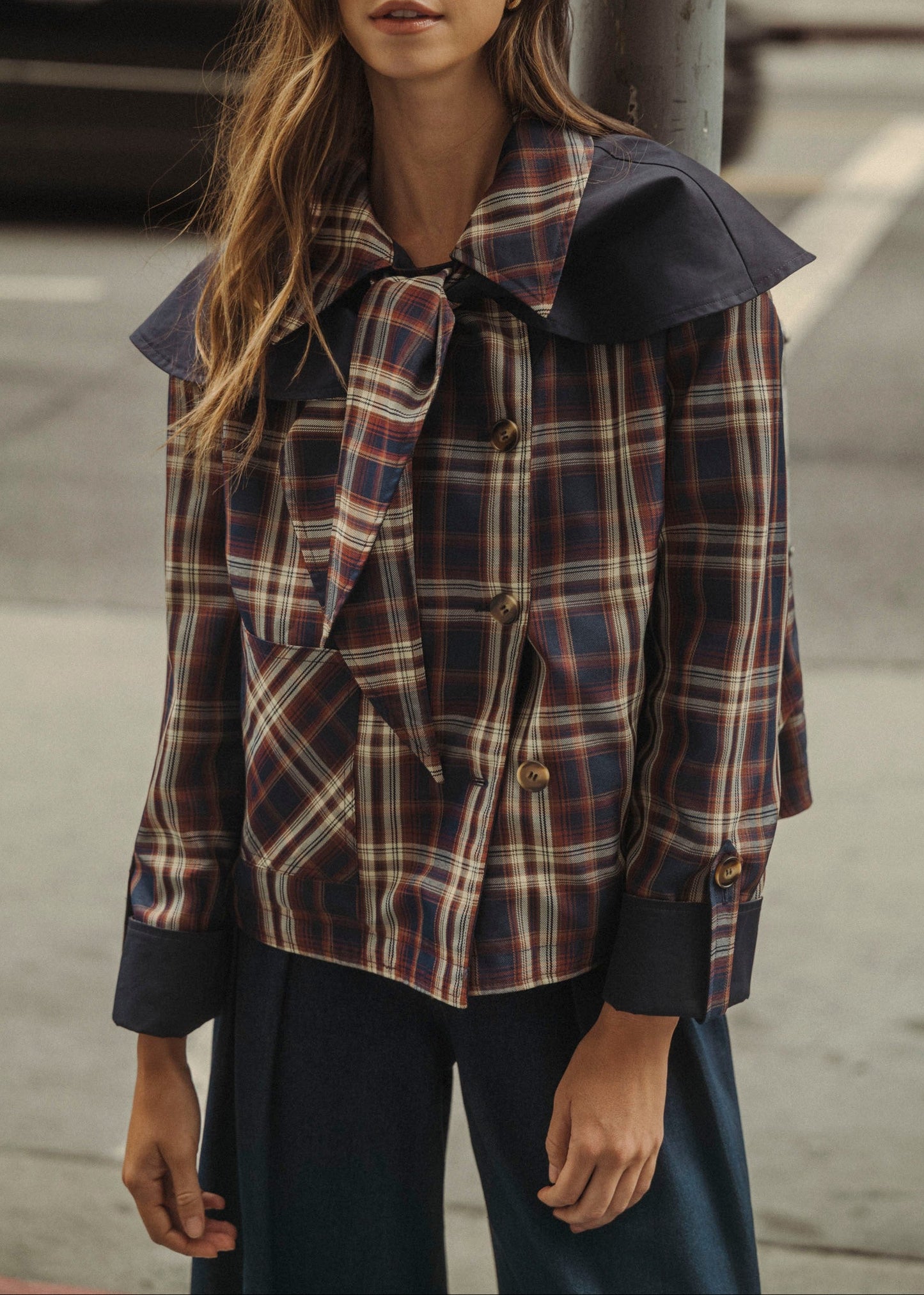 Reversible Detachable Plaid Cape Scarf Button Down Jacket