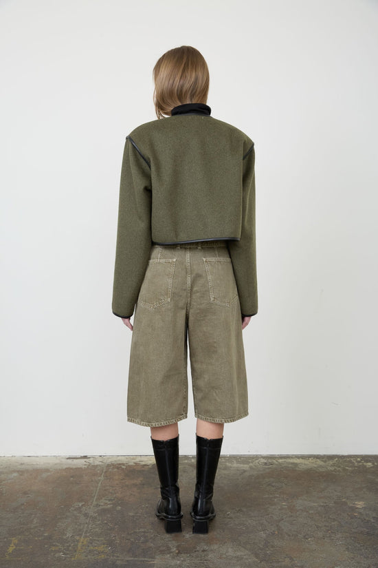 MOONRIVER FAUX LEATHER TRIM BUTTON-DOWN WOOL BLEND JACKET