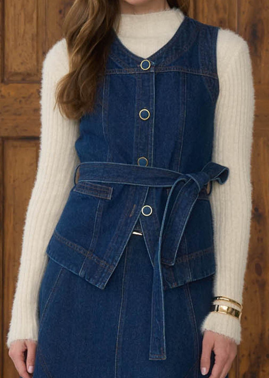 Denim V-neck Front Button Belt Strap Vest Top
