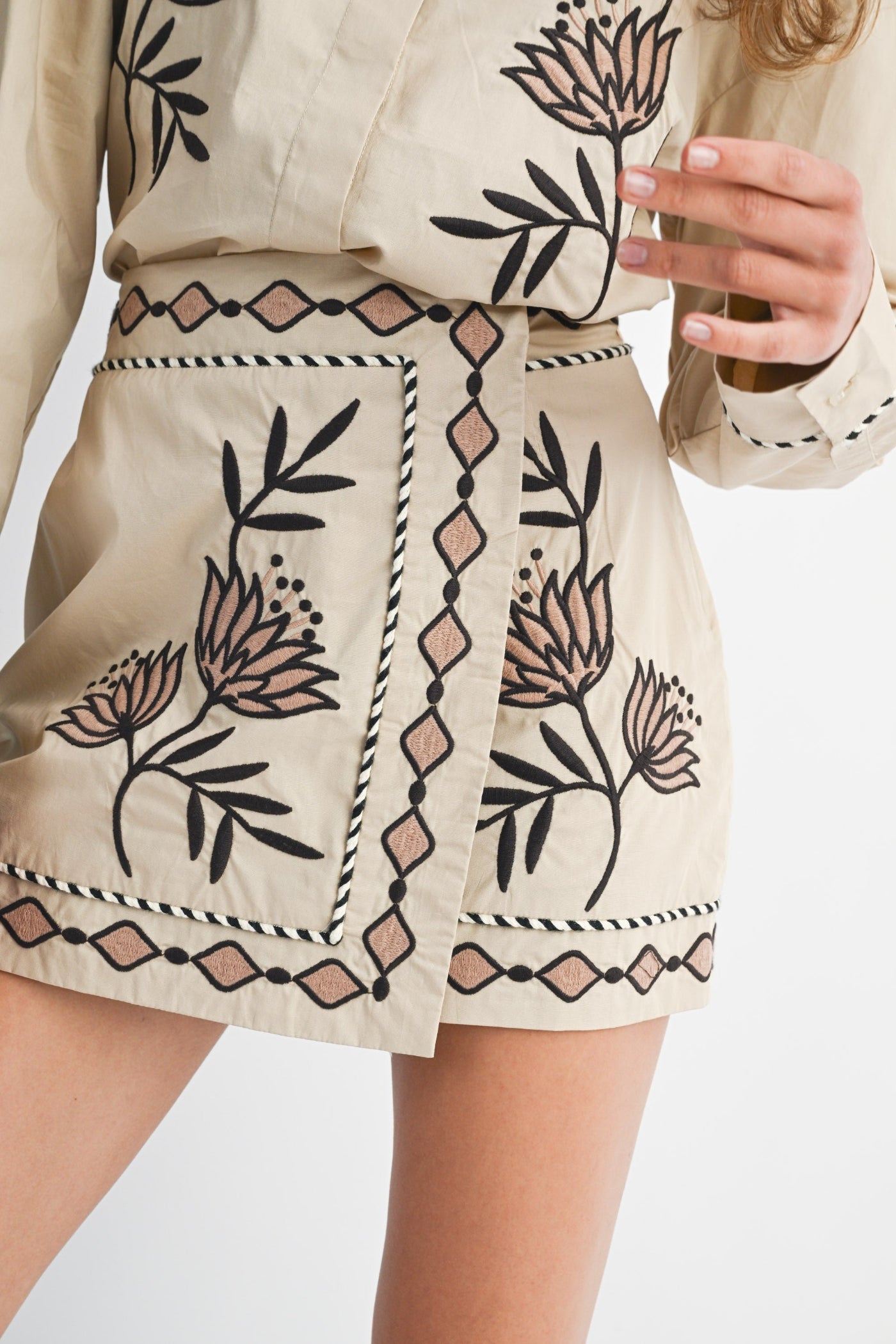 MABLE FLORAL EMBROIDERED WRAP-STYLE MINI SKIRT