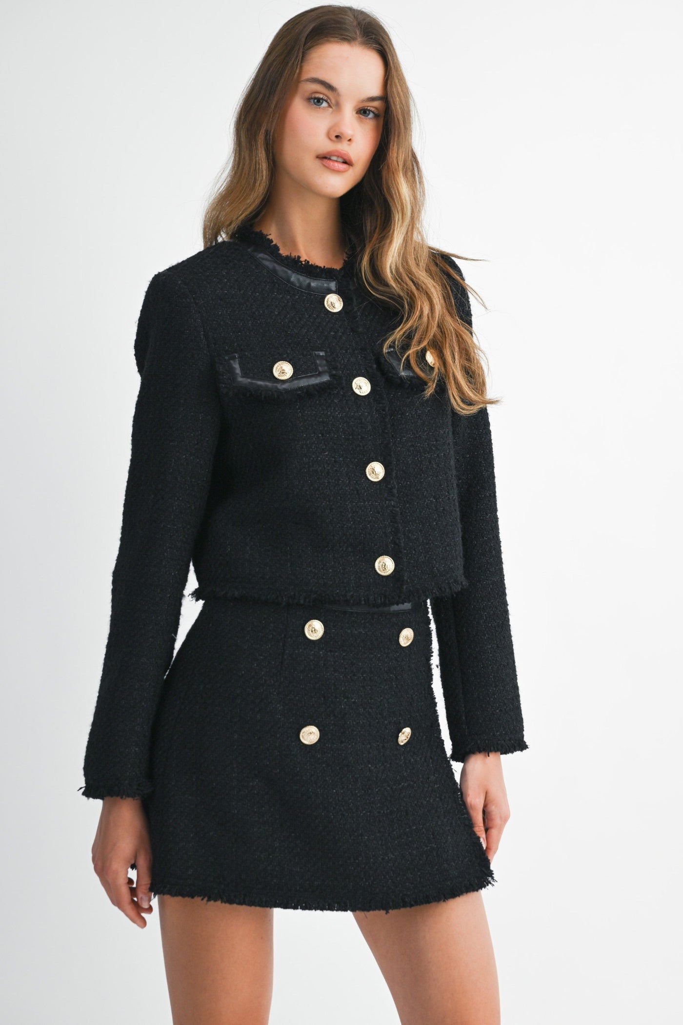 MABLE BLACK TEXTURED TWEED LEATHER TRIM JACKET – GOLD BUTTON DETAIL