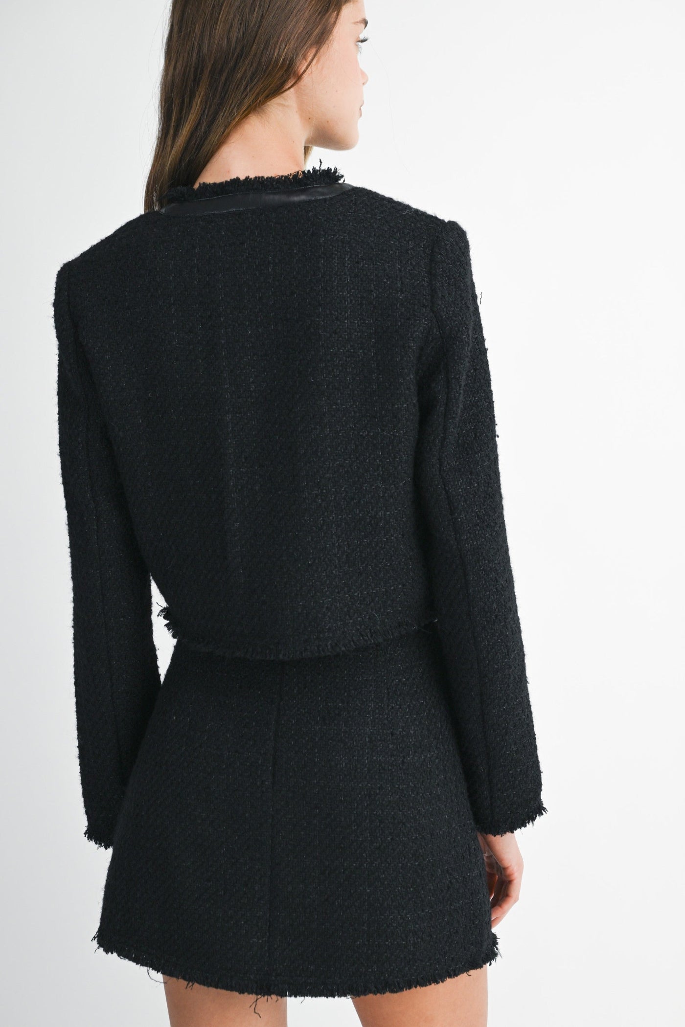 MABLE BLACK TEXTURED TWEED LEATHER TRIM JACKET – GOLD BUTTON DETAIL