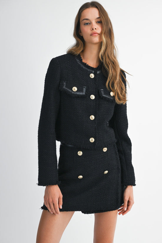 MABLE BLACK TEXTURED TWEED LEATHER TRIM JACKET – GOLD BUTTON DETAIL