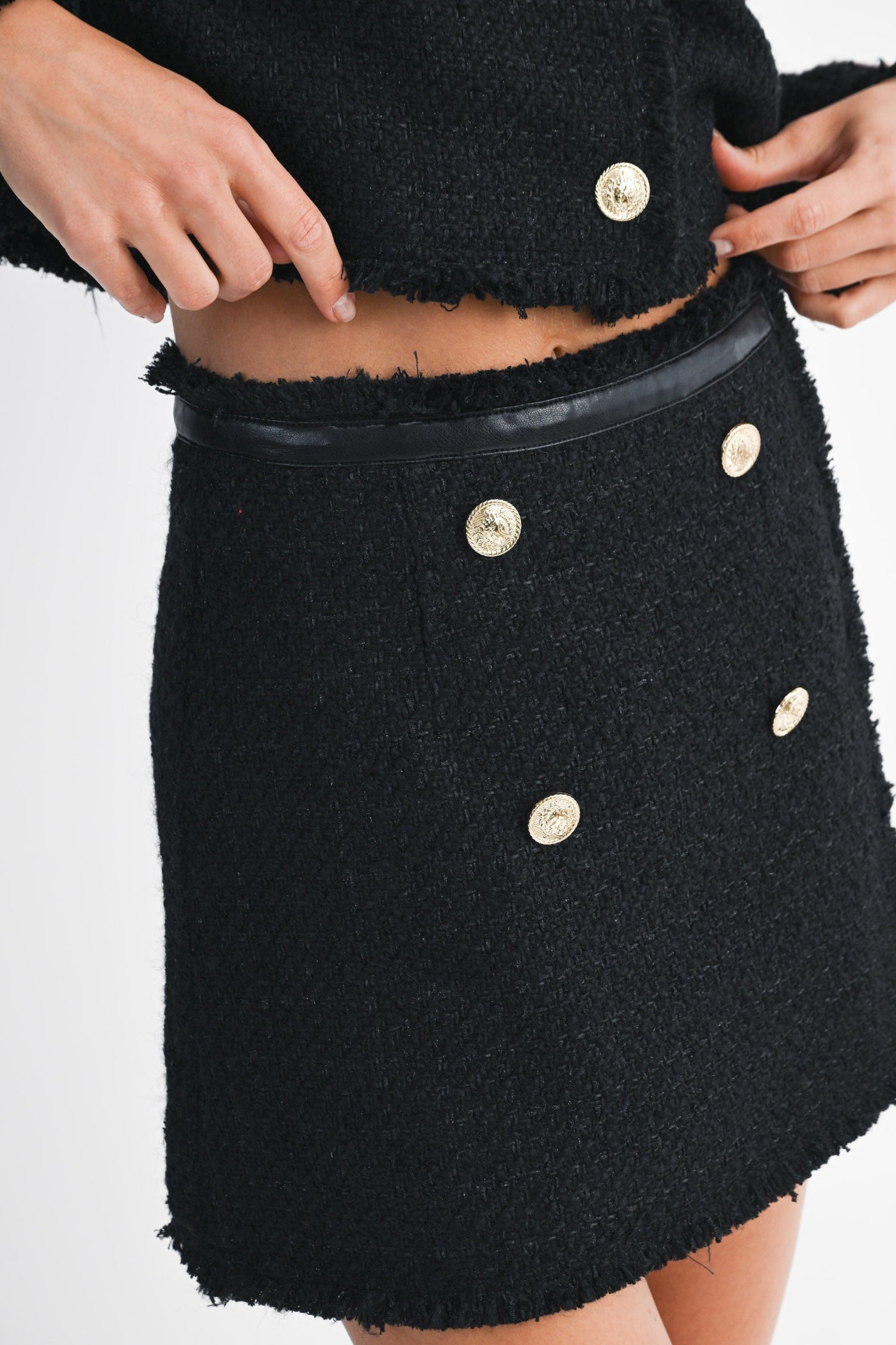 MABLE BLACK TEXTURED TWEED MINI SKIRT – DOUBLE BUTTON DETAIL