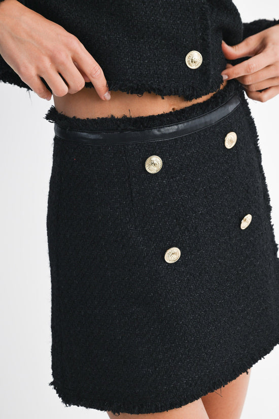MABLE BLACK TEXTURED TWEED MINI SKIRT – DOUBLE BUTTON DETAIL