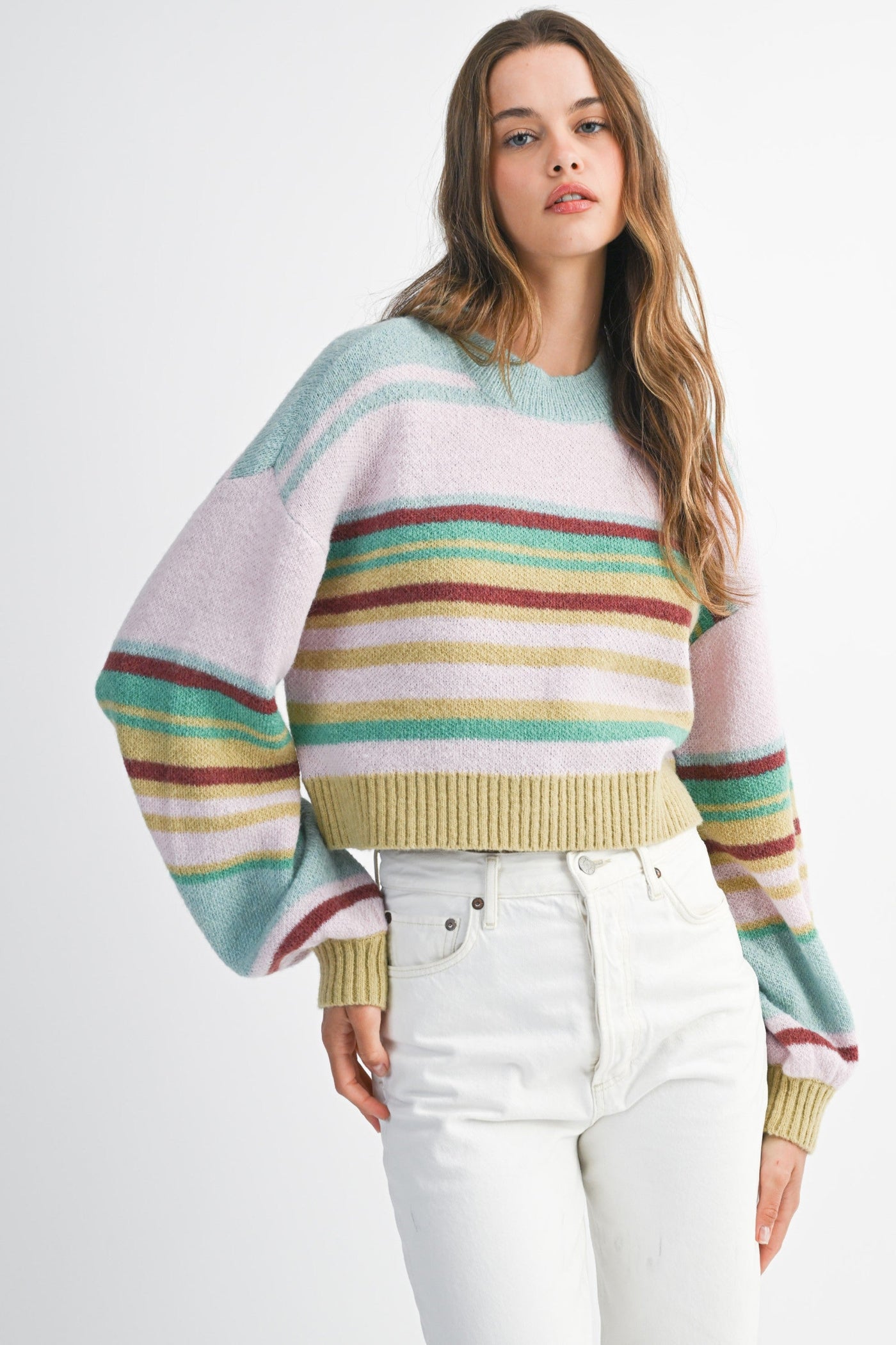 MABLE Multi Color Stripe Crew Neck Pullover Knit Sweater