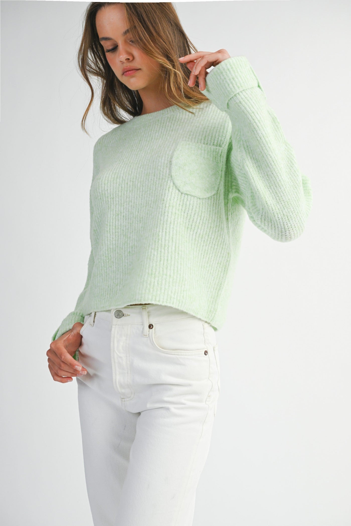 MABLE SOLID CREW NECK LONG SLEEVE KNIT PULLOVER SWEATER – LIME