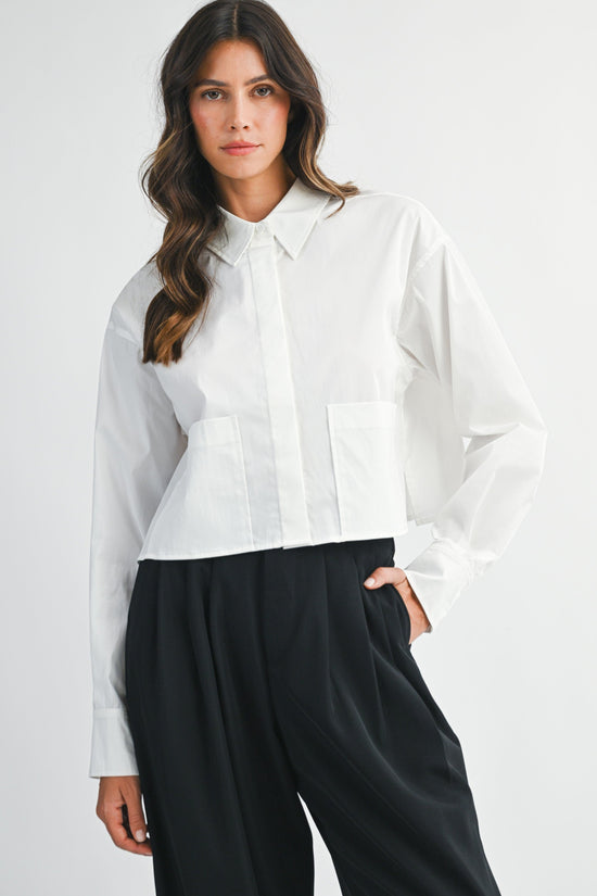 MABLE SOLID LONG SLEEVE COLLAR BUTTON DOWN CROP SHIRT