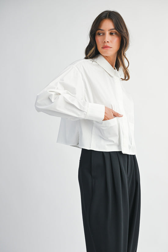 MABLE SOLID LONG SLEEVE COLLAR BUTTON DOWN CROP SHIRT
