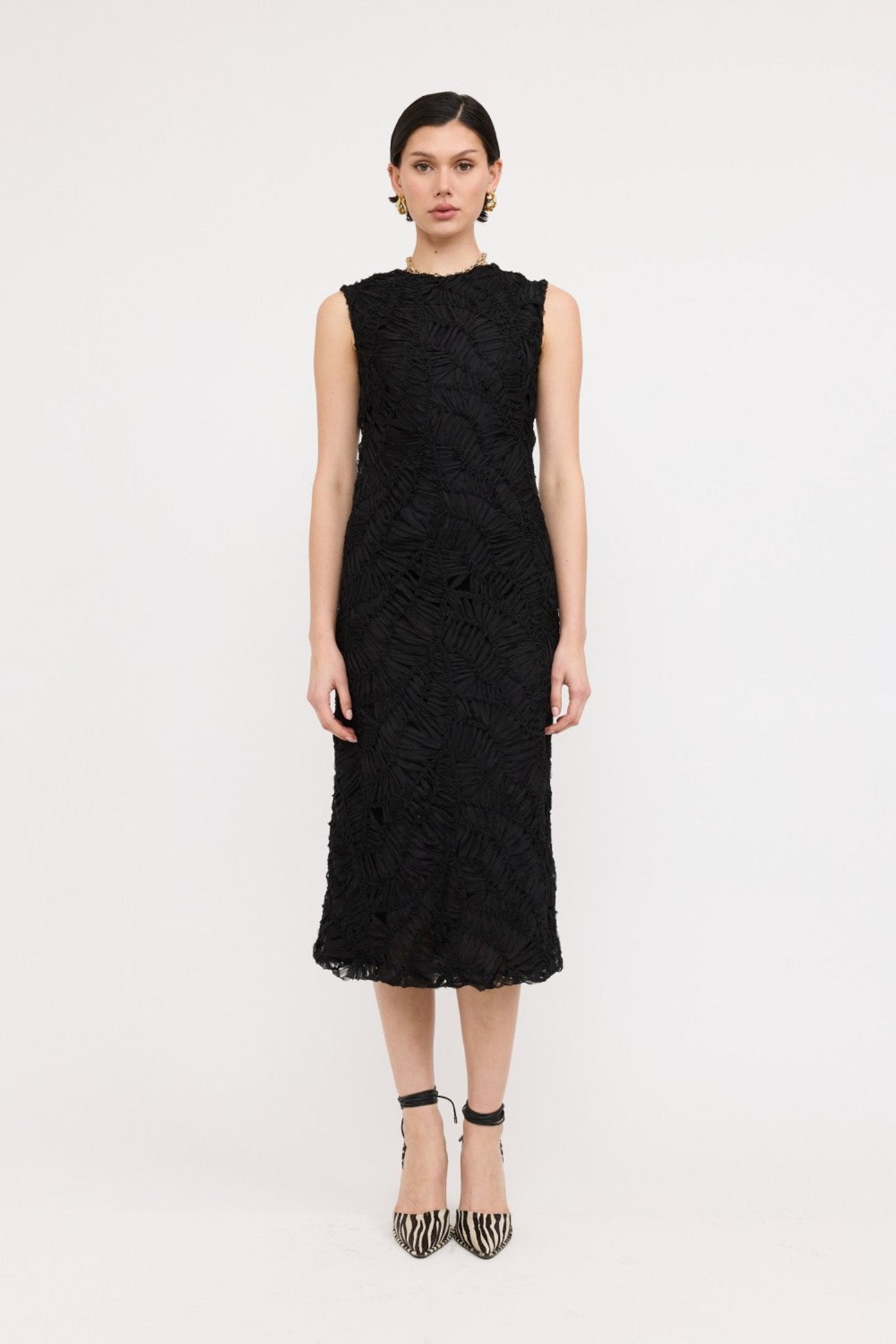 SOFIE THE LABEL CLEO BLACK SLEEVELESS TEXTURED MIDI DRESS