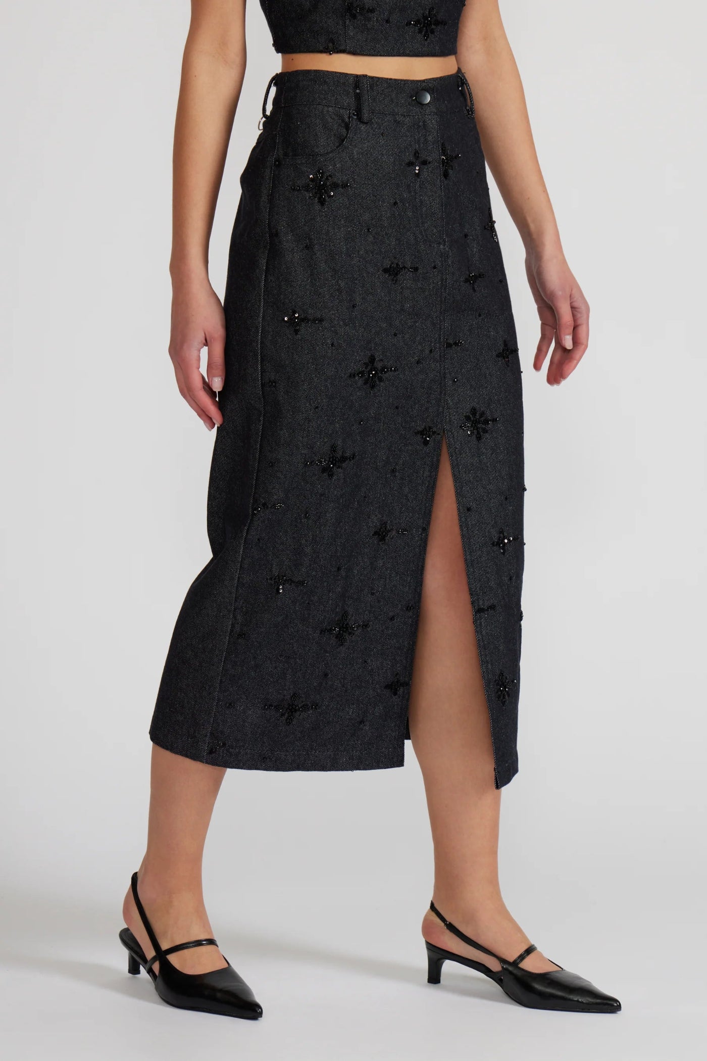 BEADED DENIM MIDI SKIRT