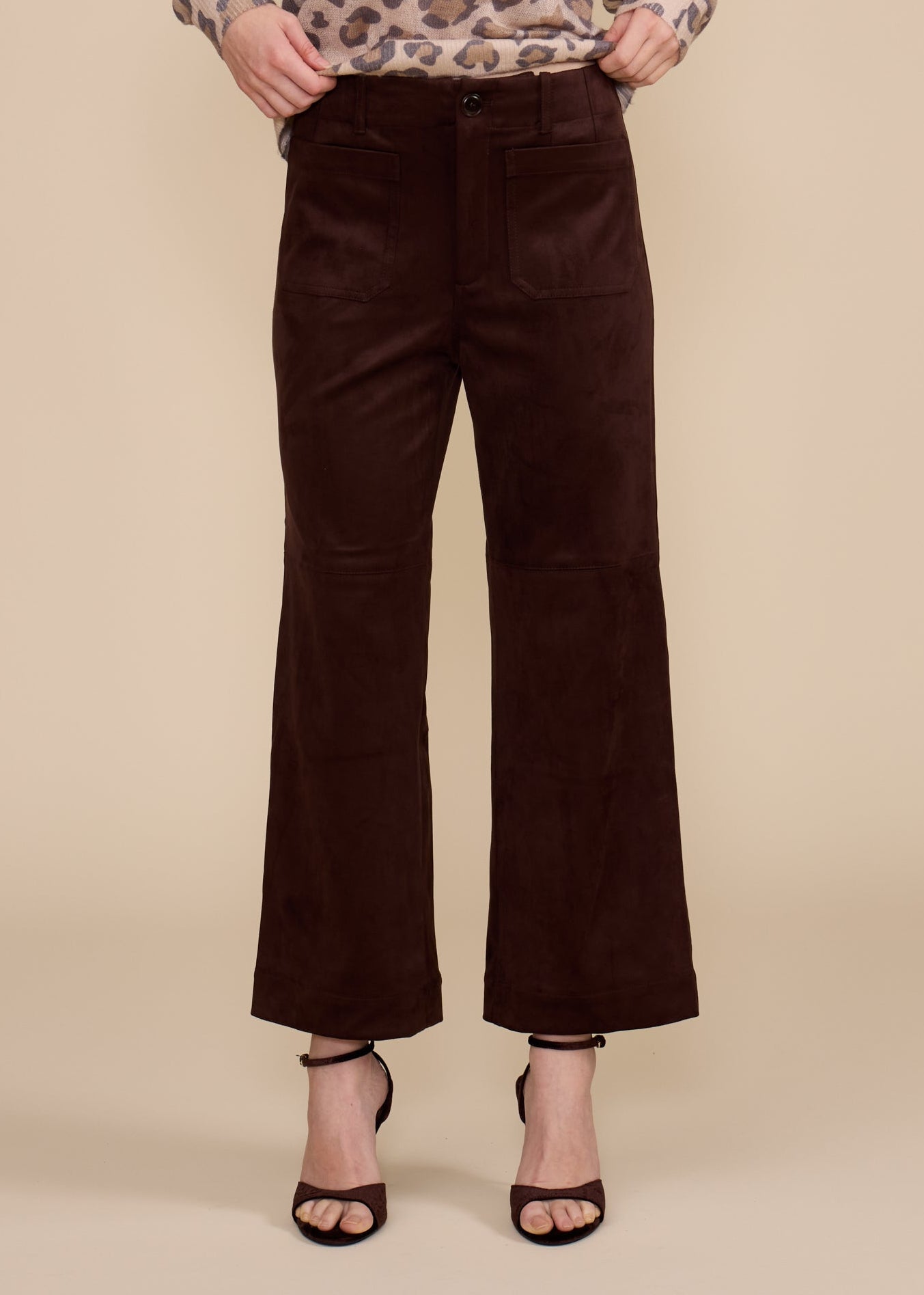 DARK BROWN FRONT POCKET CORDUROY CROP FLARE PANTS