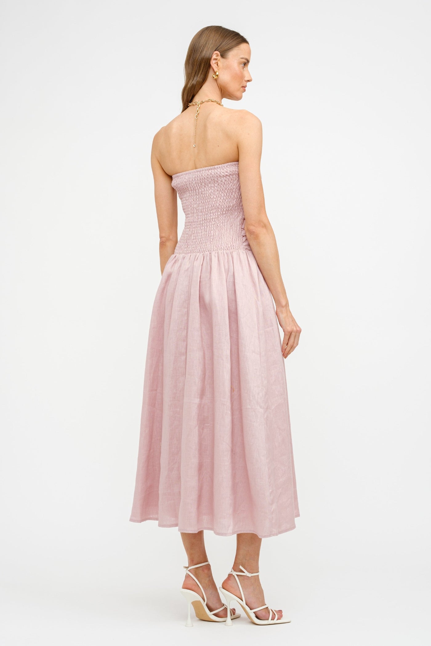 pink linen strapless dress Pink Linen Strapless Open Back Midi Dress | Women's Summer Dresses