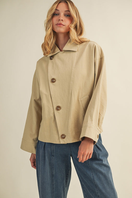 MUSTARD SEED ASYMMETRIC BUTTON CLOSURE JACKET – COLLARED BIEGE OUTERWEAR