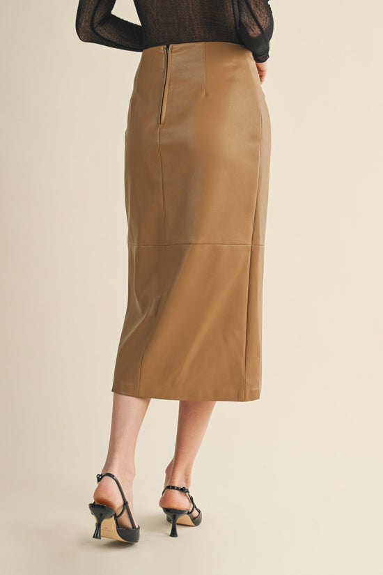 TAN FAUX LEATHER KNOT WRAP MIDI SKIRT