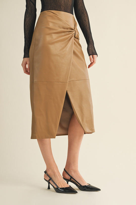 TAN FAUX LEATHER KNOT WRAP MIDI SKIRT