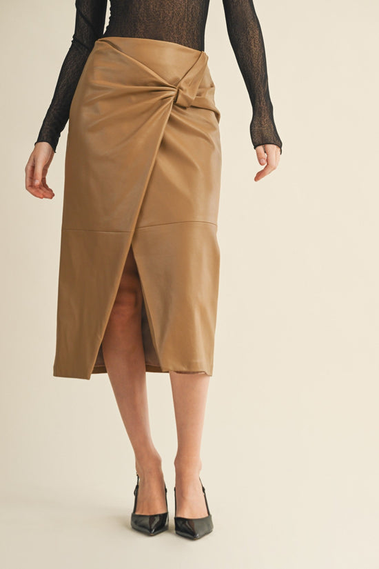 MUSTARD SEED TAN FAUX LEATHER KNOT WRAP MIDI SKIRT