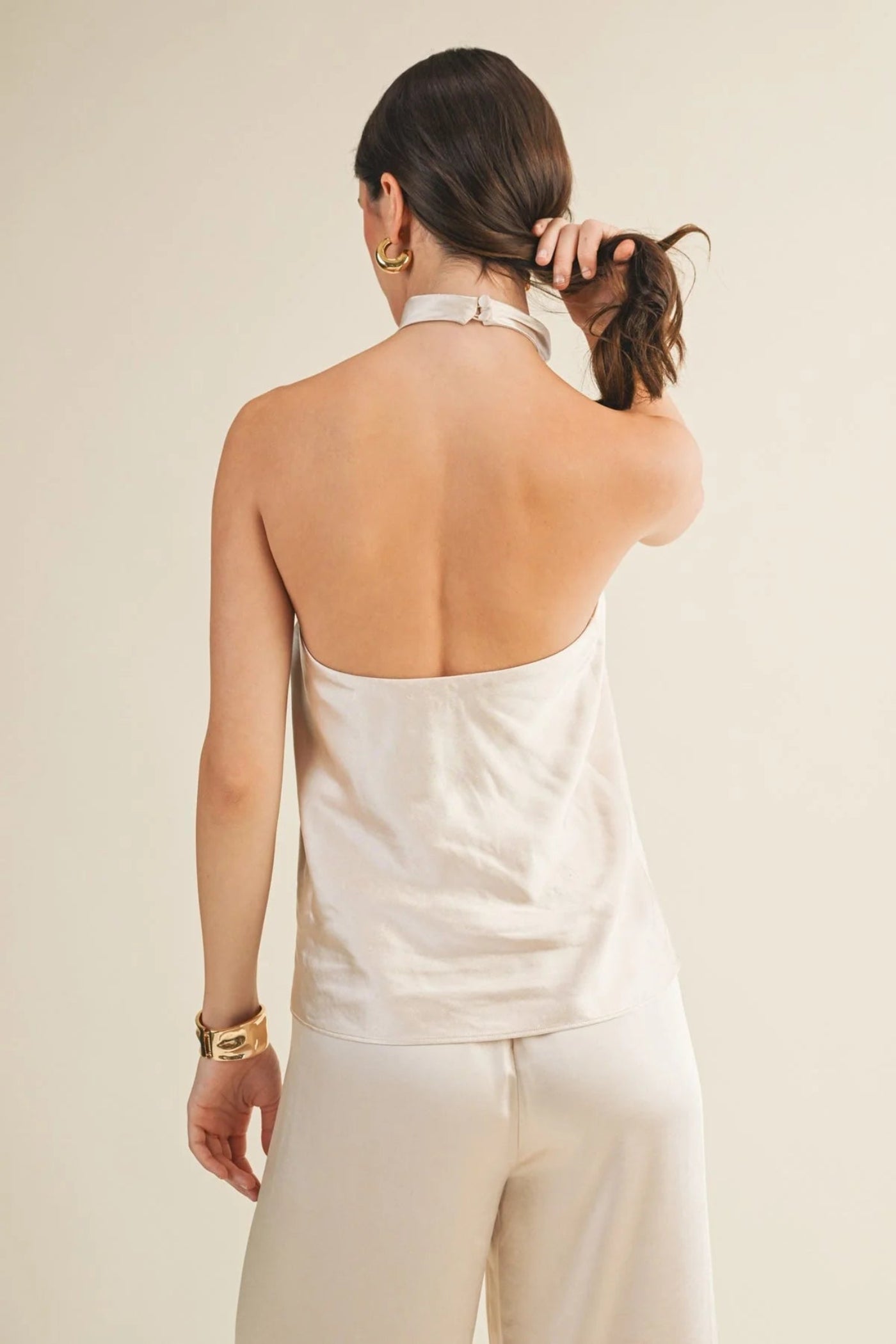 MUSTARD SEED SATIN HALTER NECK TOP CHAMPAGNE
