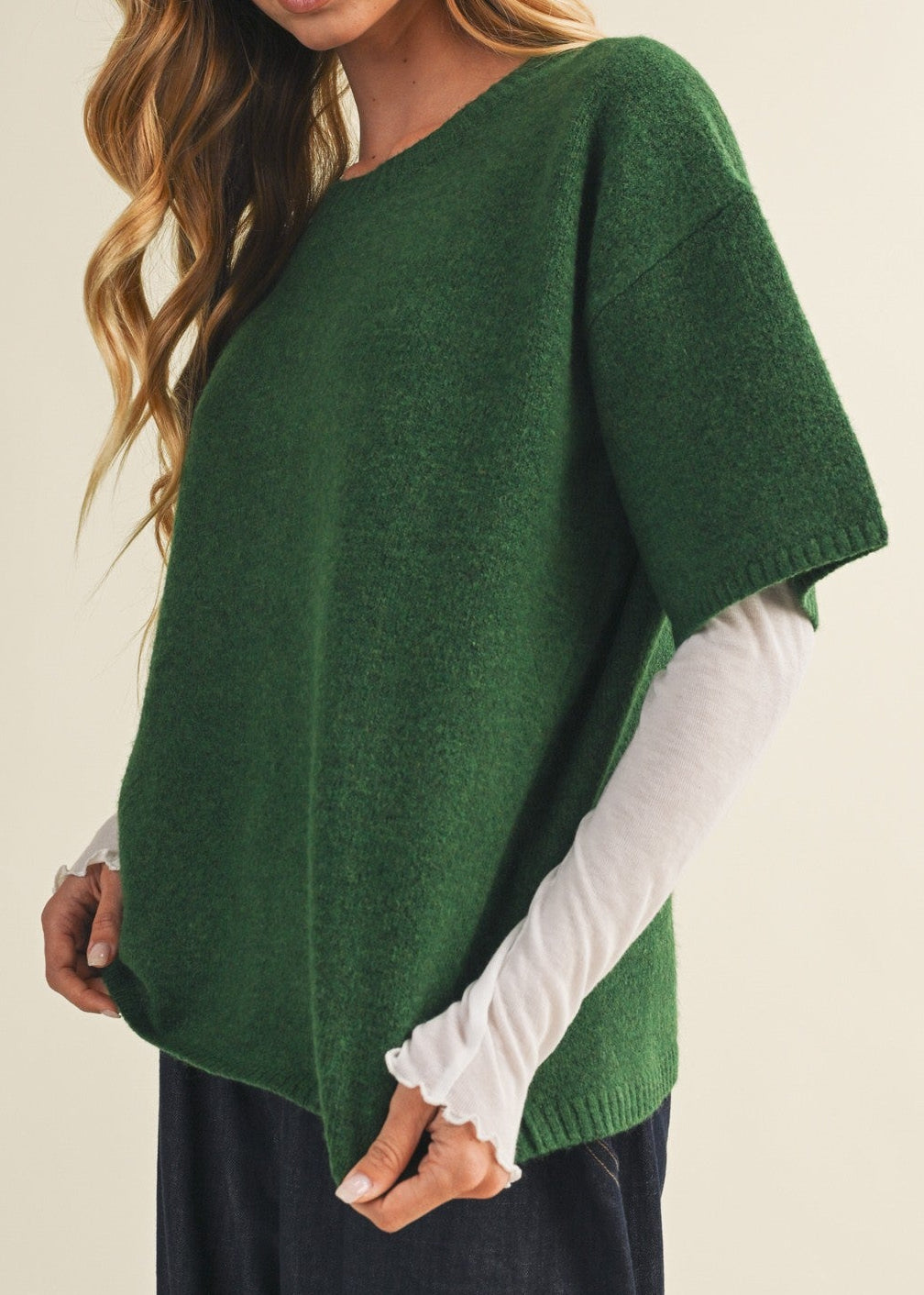 CACTUS GREEN BOXY DROP-SHOULDER SHORT-SLEEVE KNIT TOP