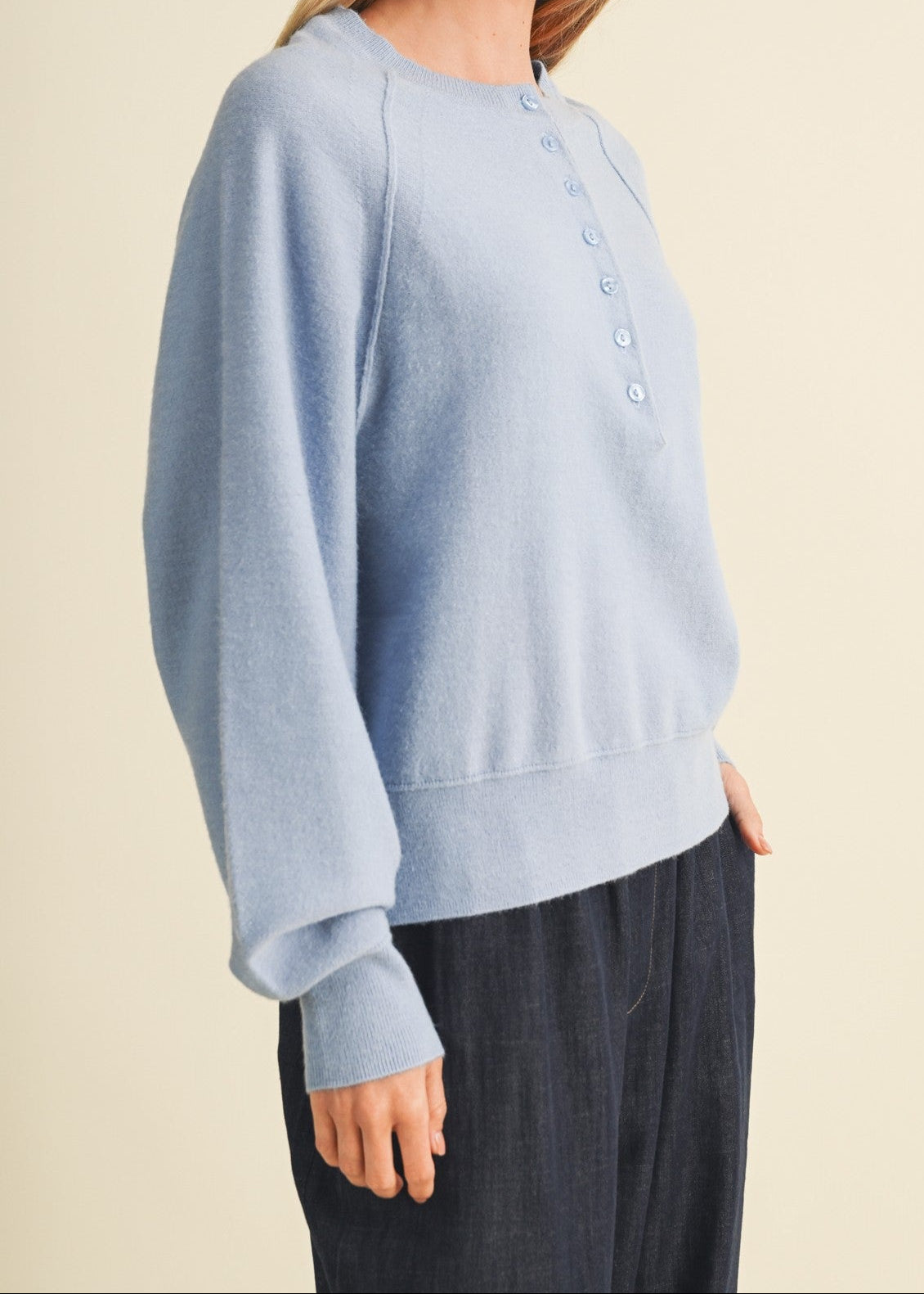 BLUE HENLEY BUTTON  KNIT SWEATER