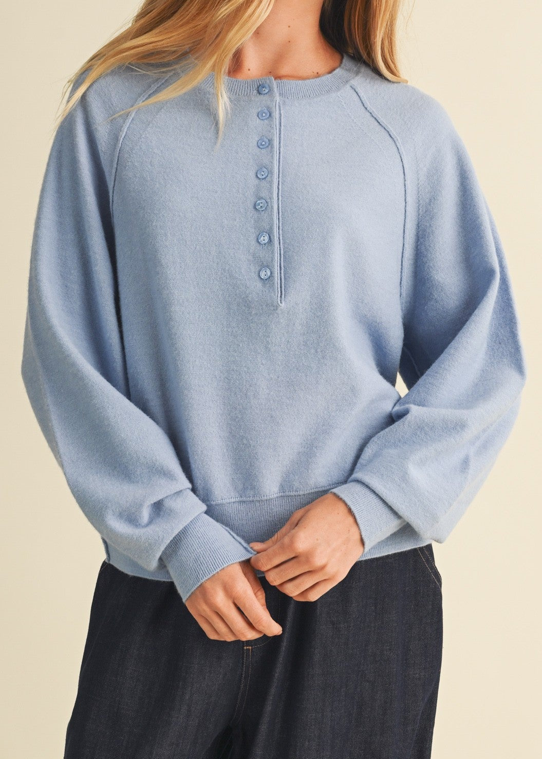 BLUE HENLEY BUTTON  KNIT SWEATER