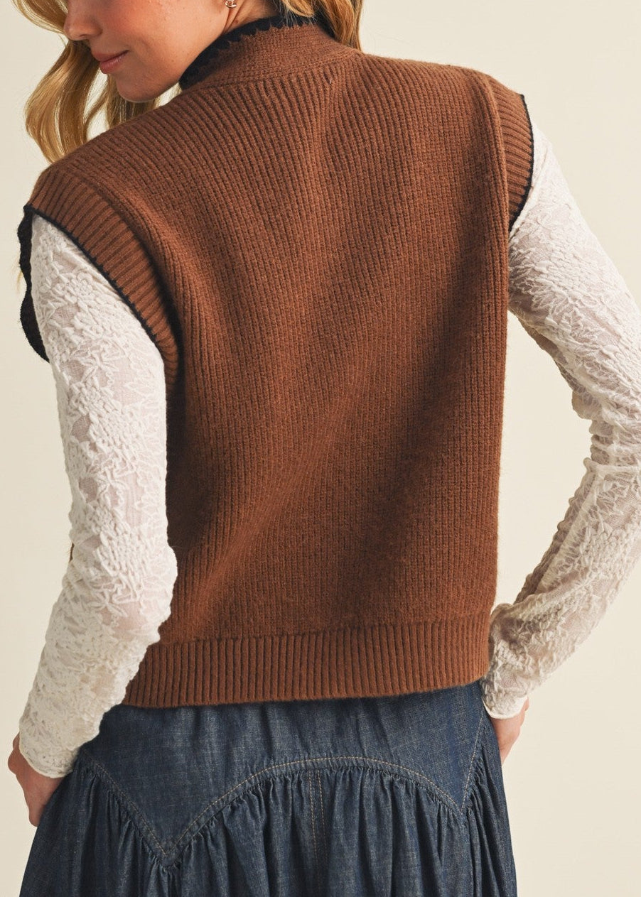 Brown Scallop-trim Tie-neck Ribbed Knit Vest